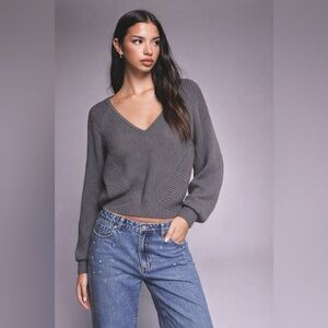 Express Body Contour Gray Ribbed Deep V Neck Sweater M